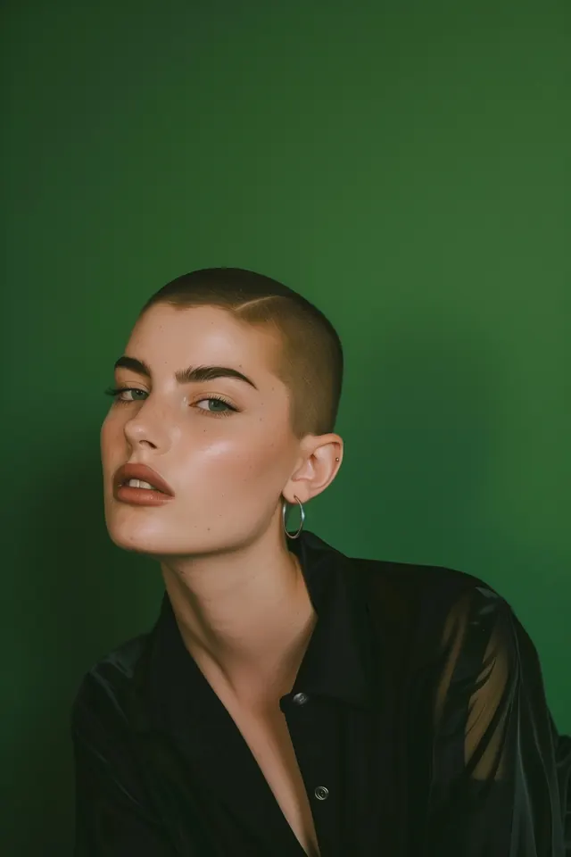 Portrait of a Woman with Buzz Cut, photographic, minimal, vibrant