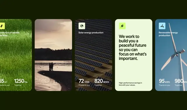 Renewable energy carousel with photo-backed data cards, minimal, corporate-clean, dark