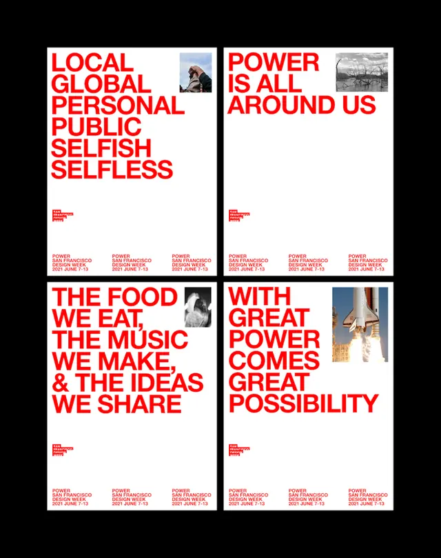 Swiss typographic grid poster series with red and photography, swiss, minimal, dark