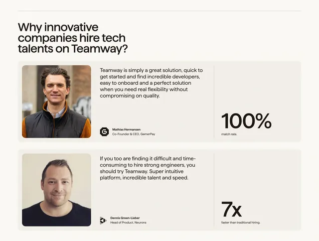 Recruitment messaging with testimonial grid and performance metrics, minimal, corporate-clean, light