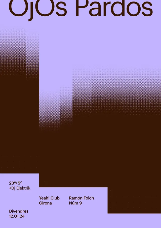 Music event poster with purple-brown halftone gradient, gradient-heavy, minimal, dark