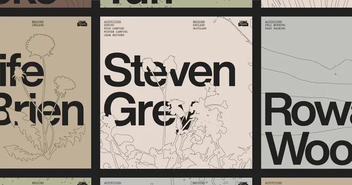 Editorial grid with display type and botanical line art, minimal, organic, light