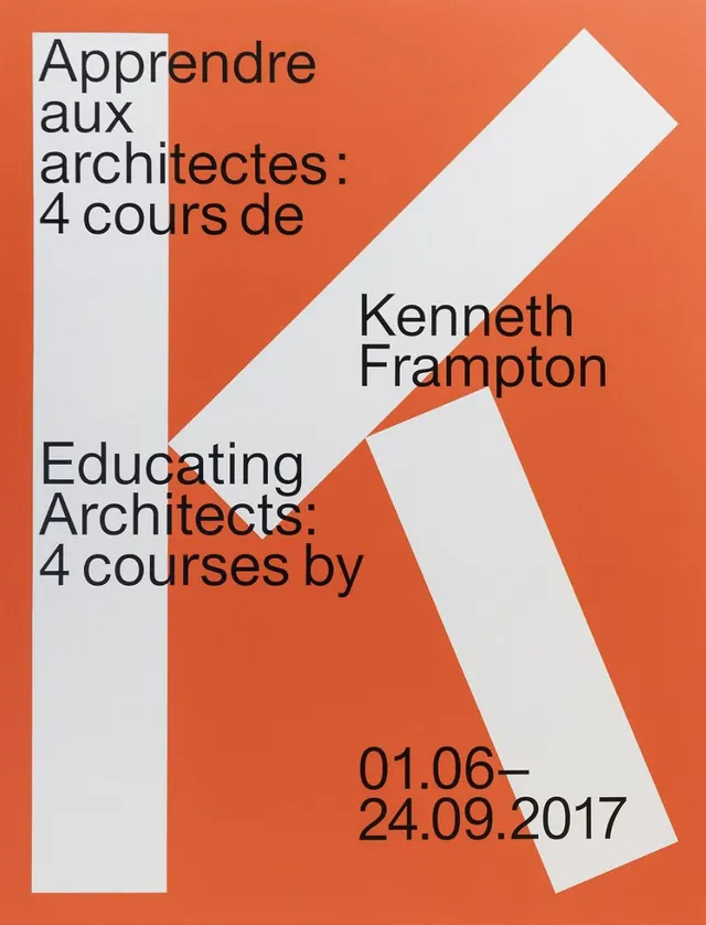 Kenneth Frampton architecture course poster, minimal, geometric, warm