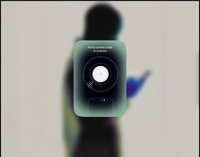 Instructional camera sensor UI with concentric dials, minimal, technical, dark