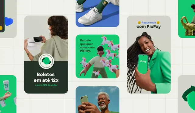 PicPay fintech product grid showcase, minimal, flat, light