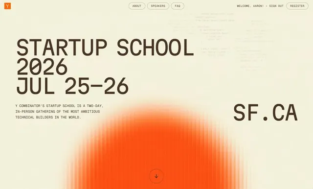 Y Combinator Startup School landing page header, minimal, corporate-clean, warm