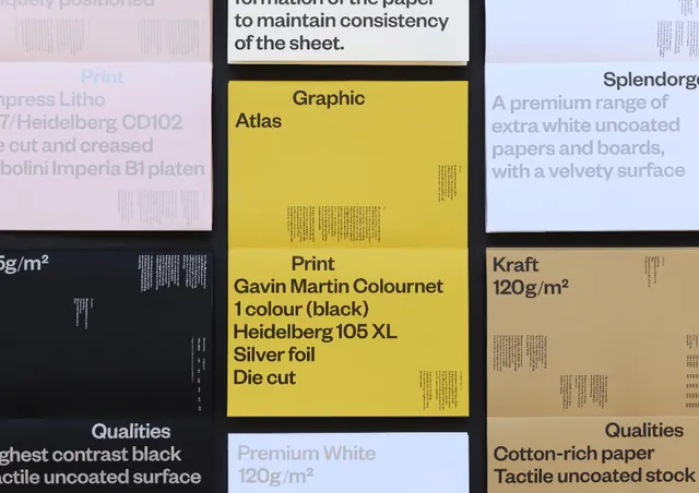 Material specification grid with tactile swatches and technical notes, minimal, technical, dark