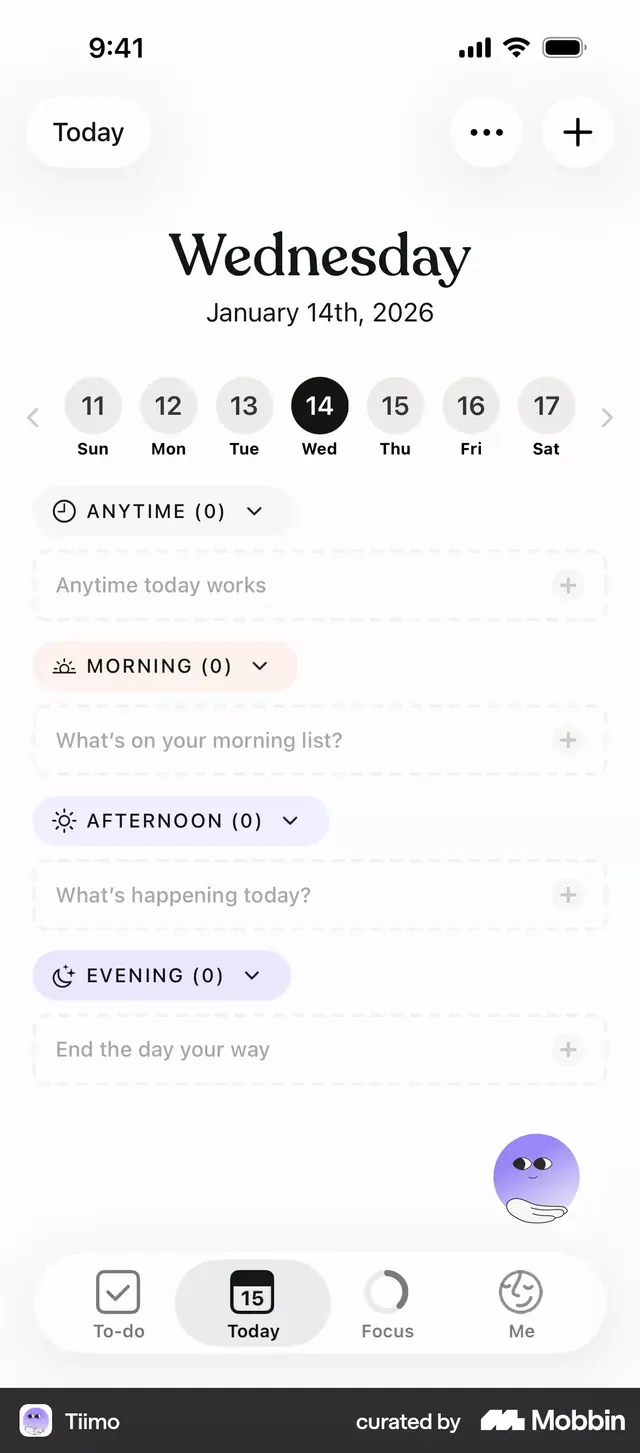 Tiimo daily planner interface, minimal, flat, light