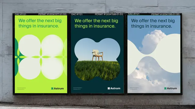 Three-panel insurance company graphic with organic shapes, minimal, organic, light