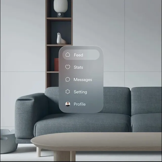 Living room interior with frosted glass UI overlay, photographic, minimal, monochrome