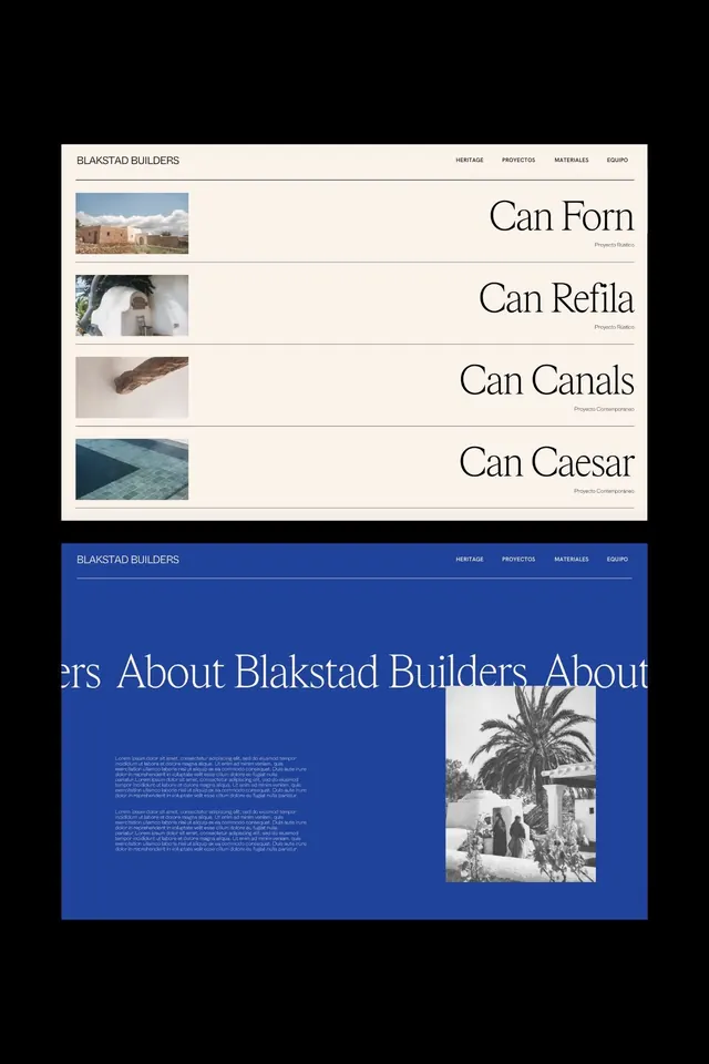 Blakstad Builders portfolio layout, editorial, minimal, light