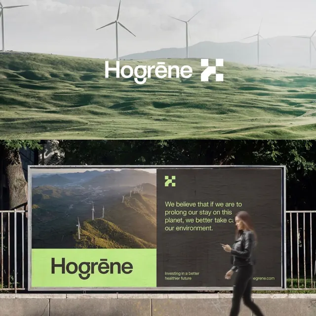Hogrene wind-energy billboard with landscape photography, minimal, corporate-clean, cool