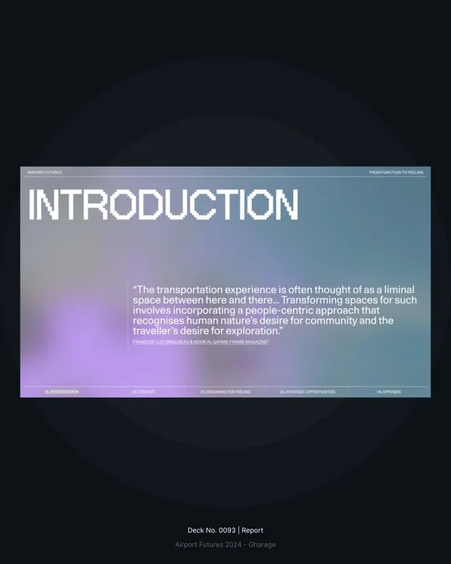 Airport Futures report introduction slide with gradient overlay, minimal, corporate-clean, cool