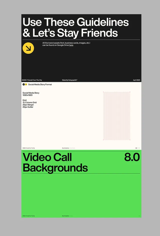 Friends From The City brand guidelines: color-blocked sections, brutalist, minimal, dark