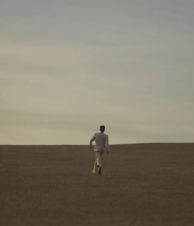 Lone Figure in Vast Landscape, minimal, photographic, muted