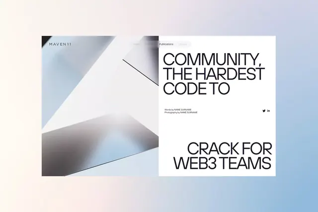 Maven11 Web3 split-layout with angled geometric shapes, minimal, geometric, light
