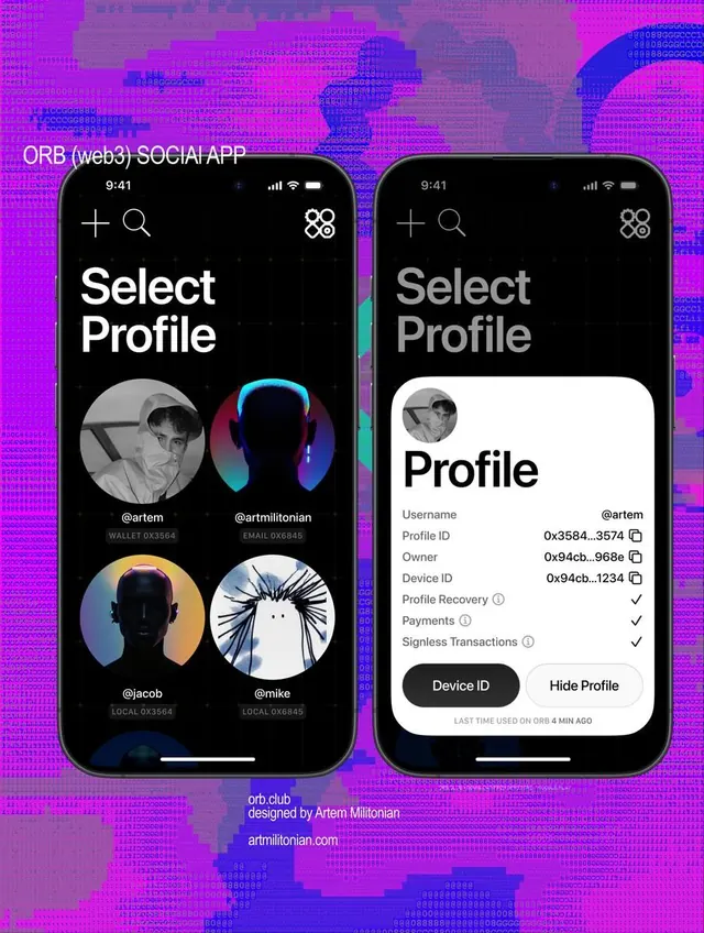 Crypto wallet profile UI with magenta grid background, dark-mode, technical, dark