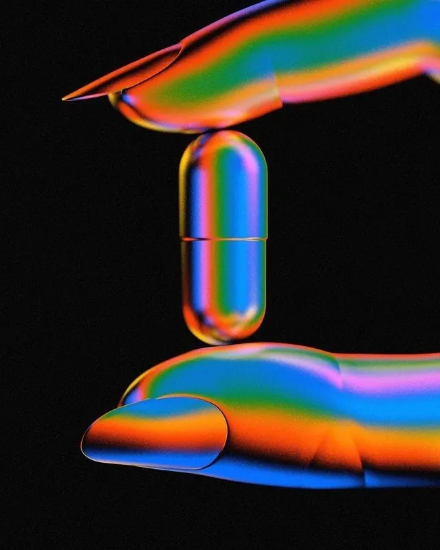 Abstract 3D Capsule and Hands, 3d-render, gradient-heavy, dark