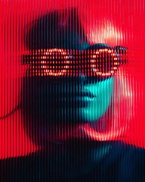 Glitch Art Portrait with Digital Overlay, brutalist, y2k, vibrant