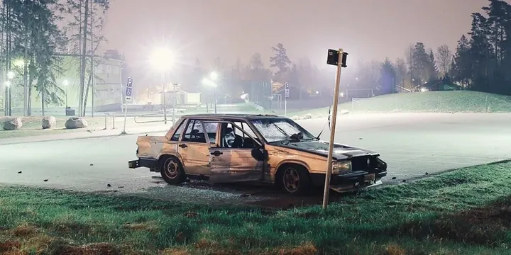 Vintage Car in Foggy Field, photographic, retro, muted