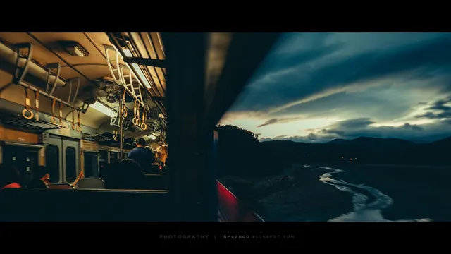 Industrial Interior and Coastal Landscape Split Screen, photographic, dark-mode, dark