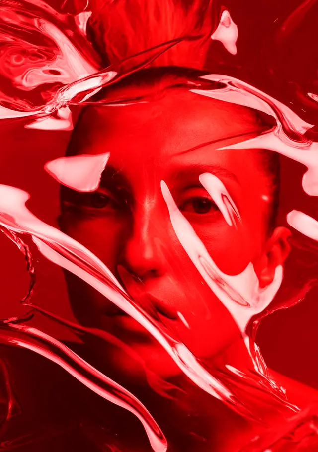Red Abstract Face with Liquid Distortion, maximalist, abstract, vibrant