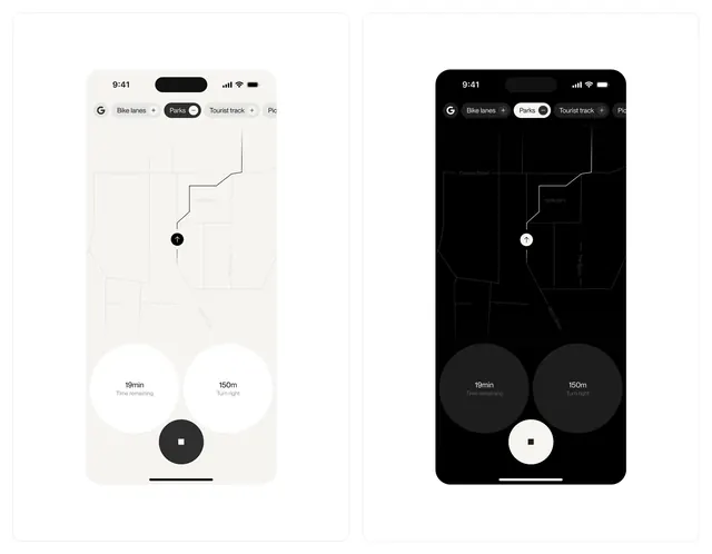 Mobile App UI Comparison, minimal, dark-mode, monochrome