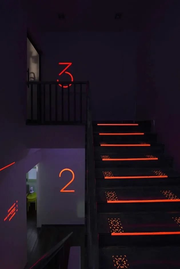 Neon Staircase Typography Mockup, minimal, dark-mode, dark