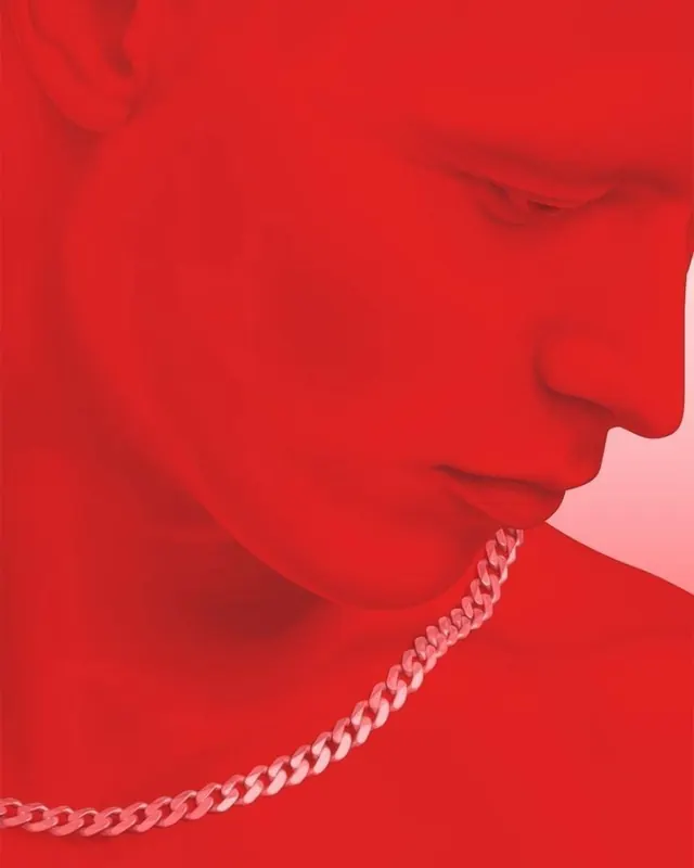 Red Duotone Portrait with Chain, photographic, vibrant