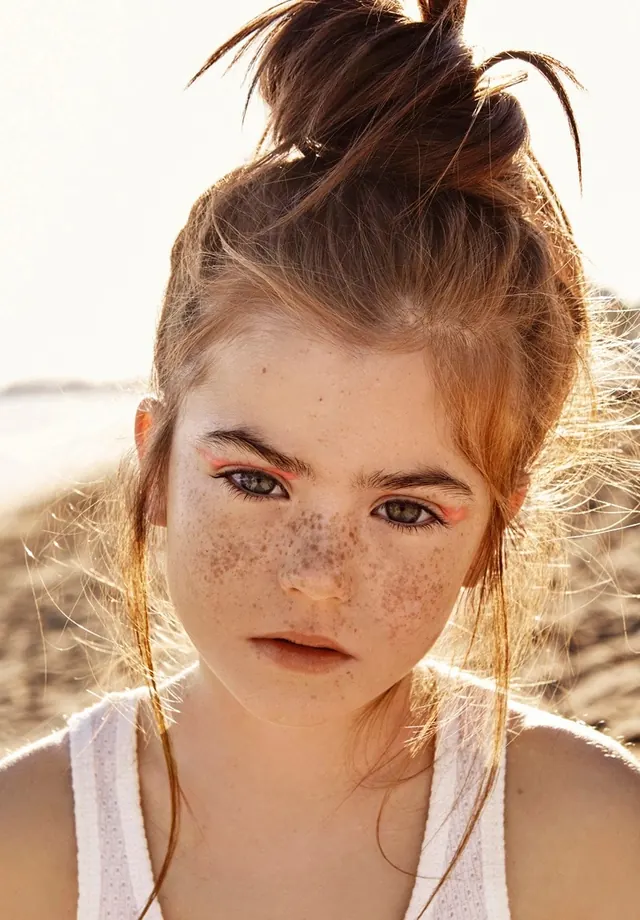 Portrait of a Young Woman with Freckles, photographic, organic, warm