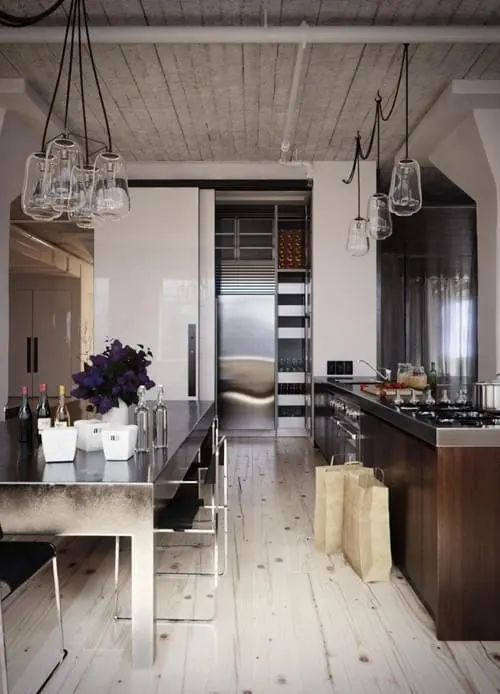 Modern Industrial Kitchen Interior, minimal, photographic, light