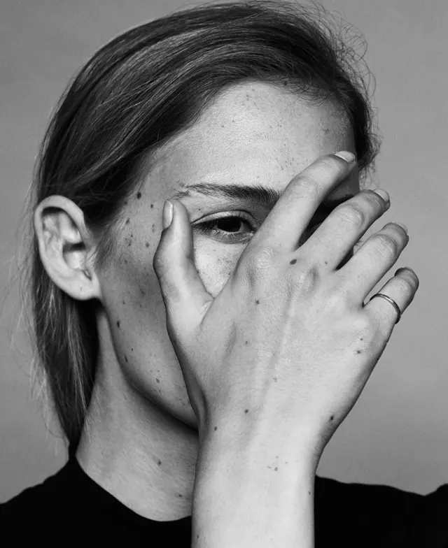 Monochrome Portrait with Hand Overlay, monochrome, photographic, monochrome