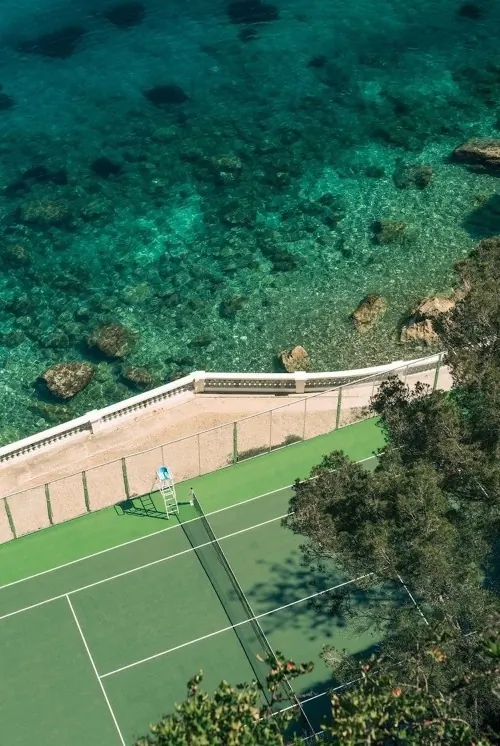 Aerial View of Coastal Sports Facility, photographic, organic, vibrant