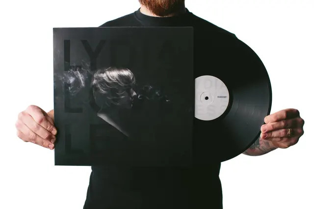 Vinyl Record Mockup with Abstract Graphic, minimal, dark-mode, dark