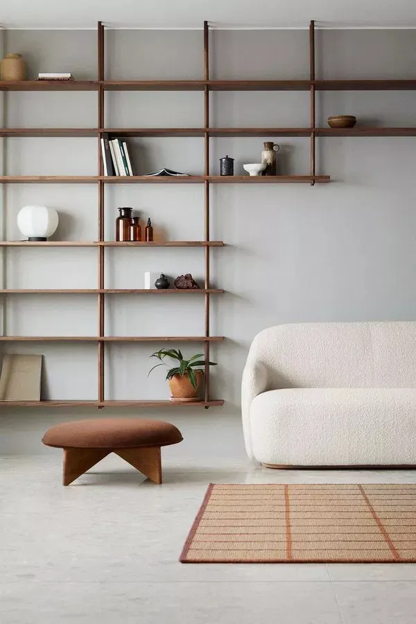 Minimalist Interior Design with Shelving and Seating, minimal, organic, muted