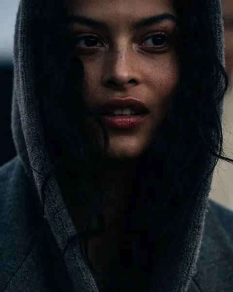 Portrait of a Woman in a Hoodie, photographic, dark-mode, dark