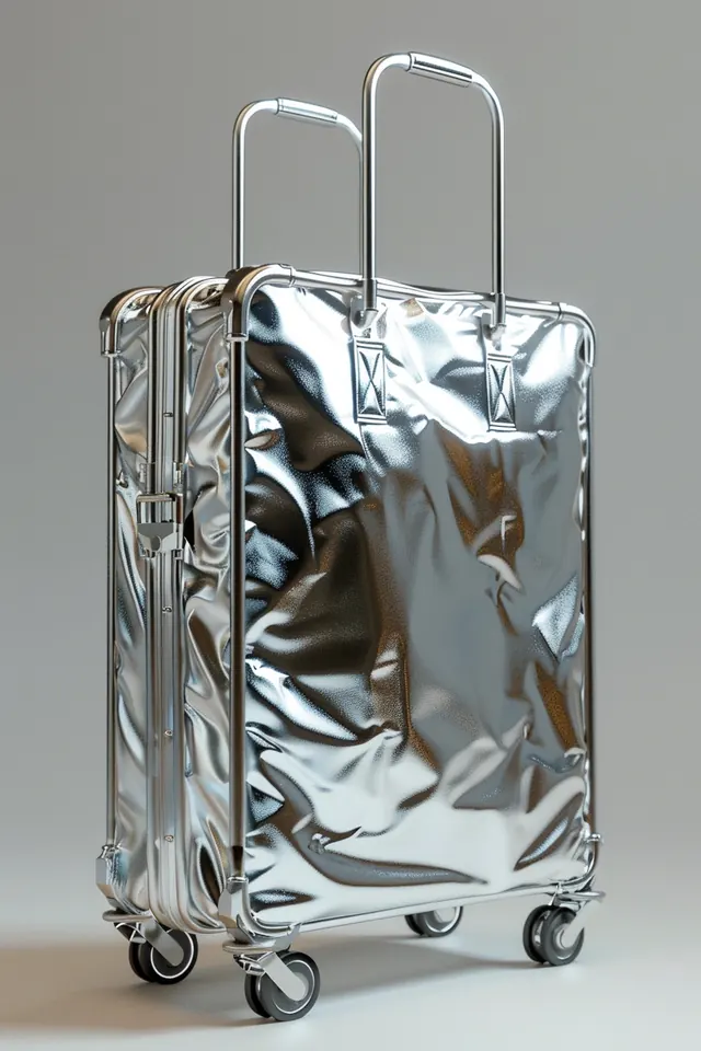 Silver Mylar Suitcase Mockup, minimal, 3d-render, monochrome