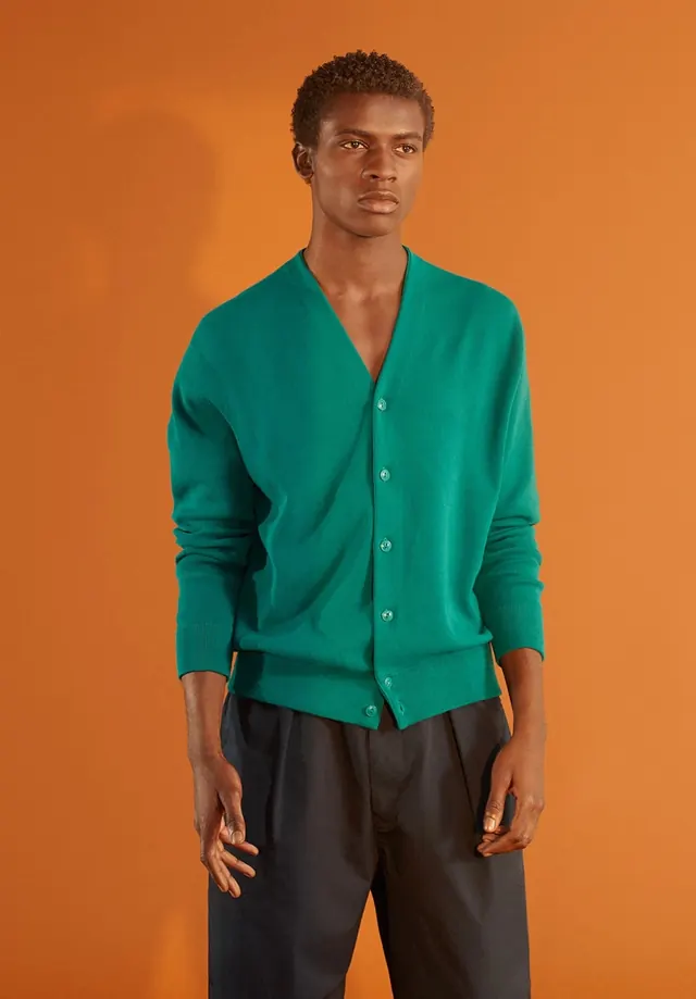 Man in Green Cardigan and Black Trousers, photographic, minimal, vibrant