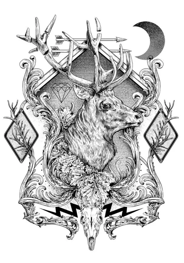 Mystical Stag and Moon Illustration, illustrated, line-art, monochrome