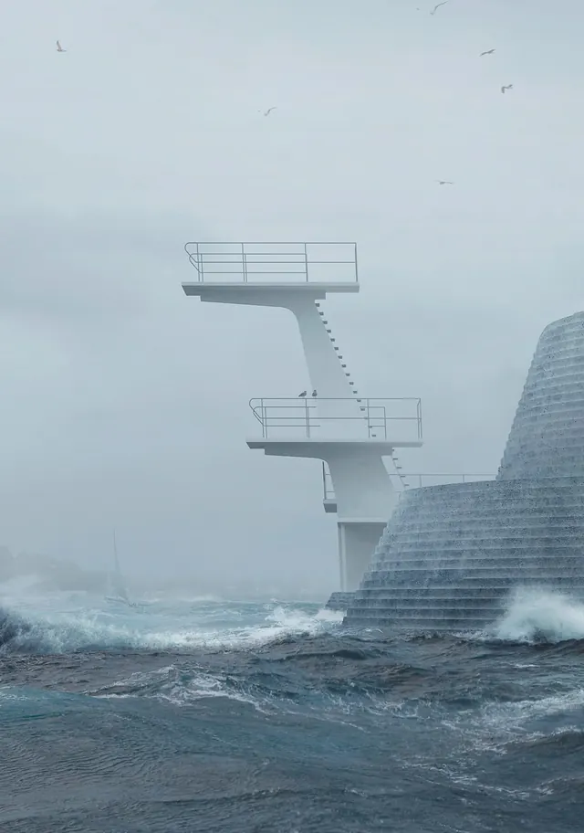 Coastal Observation Tower in Fog, minimal, photographic, muted