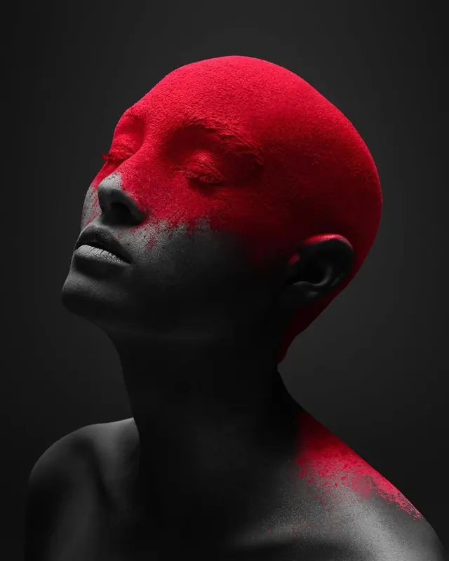 Red Paint Face Portrait, minimal, photographic, dark