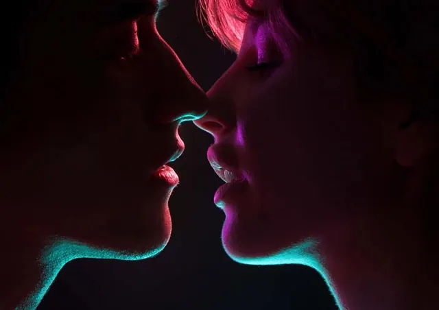 Close-up Profile of Two Faces, dark-mode, photographic, dark