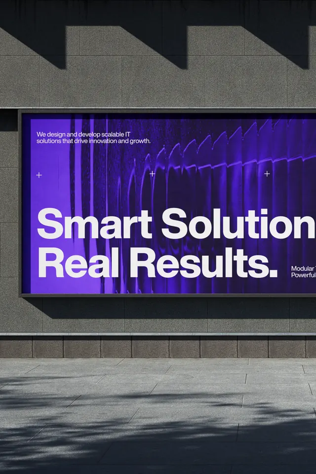Tech billboard: purple gradient with dynamic lines, minimal, geometric, vibrant