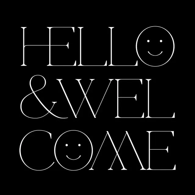 Hello & Welcome Wordmark, minimal, monochrome, high-contrast