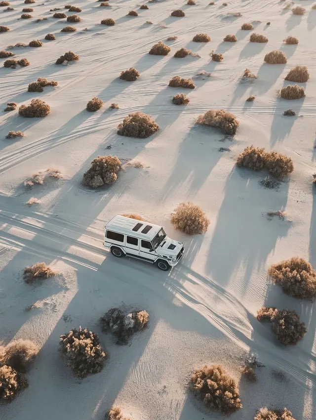 White SUV in Sandy Desert Landscape, photographic, organic, light