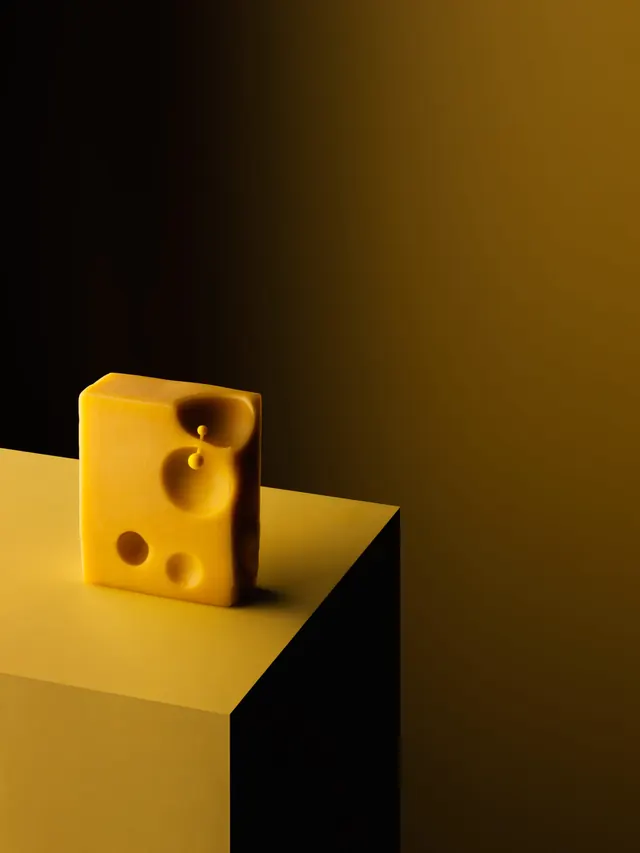 Cheese Block on Pedestal, minimal, geometric, warm