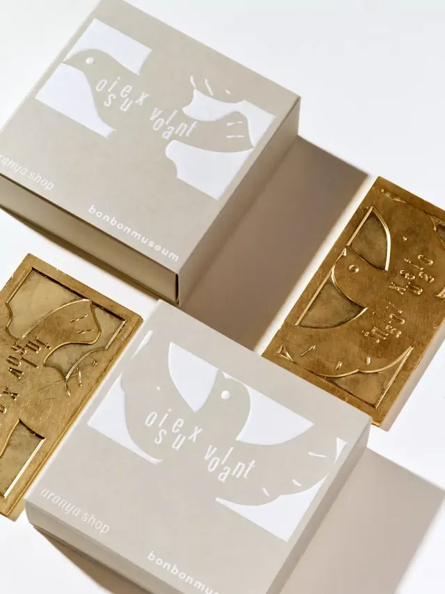 Minimal confectionery packaging with gold foil, minimal, light