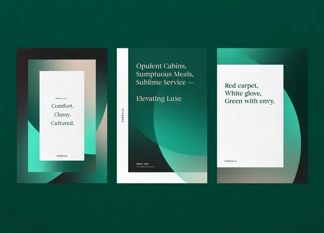 Luxury card mockups, deep emerald and cream overlays, luxury, minimal, dark