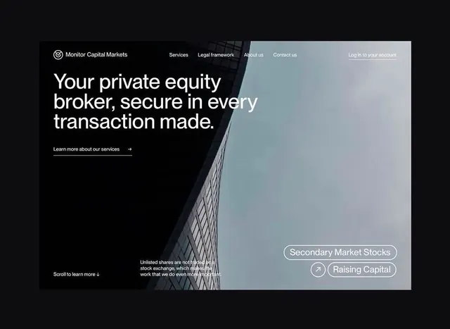 Monitor Capital Markets fintech hero layout, minimal, corporate-clean, dark