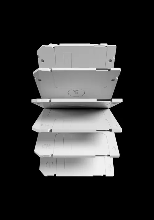 Stacked Hardware Mockup, minimal, corporate-clean, monochrome